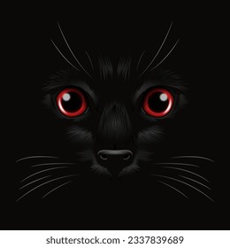 Vector 3d Realistic Red Cats Eye of a Black Cat in the Dark, at Night. Cat Face with Yes, Nose, Whiskers on Black. Cat Closeup Look in the Darkness. Front View