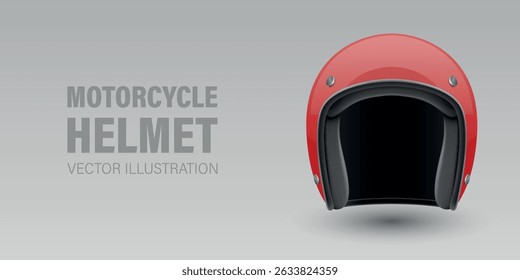 Vector 3D Realistic Red Classic Vintage Open-Face Motorbike Helmet. Glossy Motorcycle Helmet Design Template for Mockup. Front View. Motorcycle Helmet Icon, Closeup, Isolated
