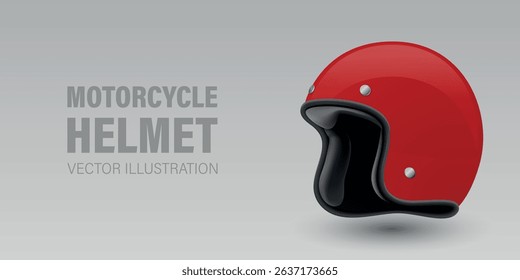 Vector 3D Realistic Red Classic Vintage Open-Face Motorbike Helmet. Glossy Motorcycle Helmet Design Template for Mockup. Side View. Motorcycle Helmet Icon, Closeup, Isolated