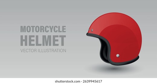 Vector 3D Realistic Red Classic Vintage Open-Face Motorbike Helmet. Glossy Motorcycle Helmet Design Template for Mockup. Side View. Motorcycle Helmet Icon, Closeup, Isolated