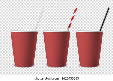 Vector 3d Realistic Red Disposable Opened Blank Paper, Plastic Coffee, Tea Cup for Drinks with Straw Icon Set Closeup Isolated on Transparent Background. Design Template, Mockup. Top and Front View