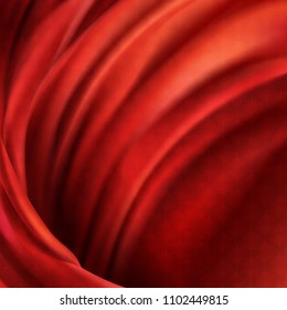 Vector 3d realistic red fabric background. Flowing satin cloth decoration, luxury fashion material. Abstract decorative scarlet velvet textile or silken flag, drapery
