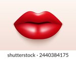Vector 3d Realistic Red Female Lips. Love, Sexy, Beauty Concept. Fashion, Makeup, Romance Vector Illustration. Glamorous Woman Glossy Lips Closeup. Sensual and Seductive Lipstick Design in Vibrant Red