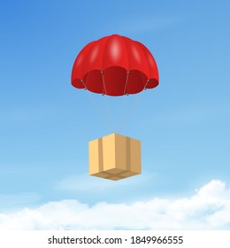 Vector 3d Realistic Red Flying Parachute with Paper Cardboard Boxe on Blue Sky Background. Design Template for Delivery Services, Post, E-Commerce, Sport Concept, Web Banner, Mockup