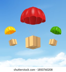 Vector 3d Realistic Red Flying Parachutes with Paper Cardboard Boxes on Blue Sky Background. Design Template for Delivery Services, Post, E-Commerce, Sport Concept, Web Banner, Mockup