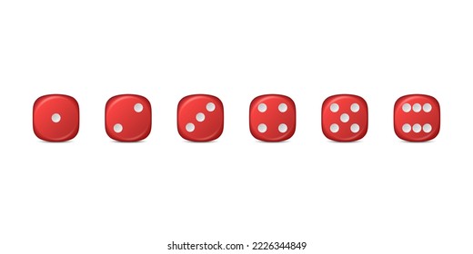 Vector 3d Realistic Red Game Dice Icon Set Closeup Isolated. Game Cubes for Gambling, Casino Dices From One to Six Dots, Round Edges