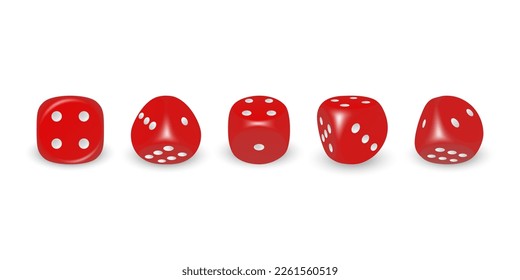 Vector 3d Realistic Red Game Dice with White Dots Icon Set Closeup Isolated on White Background. Game Cubes for Gambling in Different Positions, Casino Dices, Round Edges