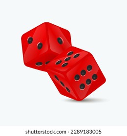 Vector 3d Dice De Juego Rojo Realista con Puntos Negros Colocado Aislado en Fondo Blanco. Pareja de Cubos de Juego para apostar en diferentes posiciones, juegos de casino, bordes redondos