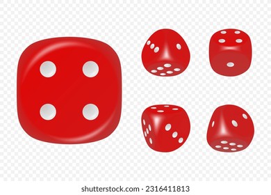 Vector 3d Realistic Red Game Dice with White Dots Set in Different Positions Isolated. Gambling Games Design, Casino, Poker, Tabletop, Board Games. Realistic Cubes with Random Numbers, Rounded Edges