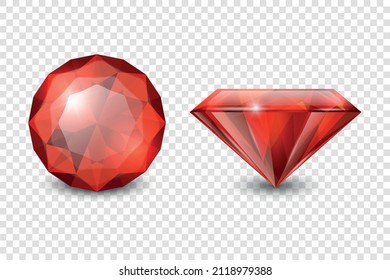 Vector 3d Realistic Red Gemstone, Crystal, Rhinestones Icon Set Closeup Isolated. Jewerly Concept. Design Template, Clipart. Colored Gems, Crystals, Rhinestones, Gemstones, Top and Side View