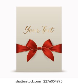 Vector 3d Realistic Red and Golden Gift Ribbon and Bow with White Greeting Card. Bow Design Template, Concept for Birthday, Christmas Presents, Gifts, Invitation, Card, Gift Box. Holiday Decoration
