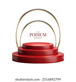 Vector 3d realistic red golden podium sale stand pedestal with gold confetti arches shiny red bottom. Luxury award ceremony. Black friday sale, cyber monday