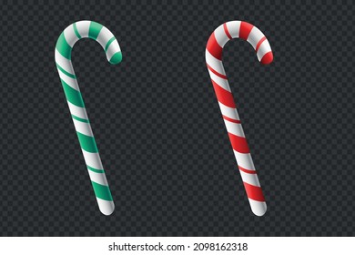 Juego de Cañones de Candy a rayas rojas y verdes realistas en 3D. Elementos de diseño navideño aislados.