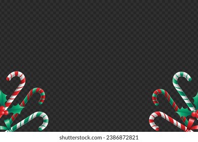 Vector 3D Realistic Red and Green Candy Canes Banner Isolated Candy Canes Christmas Frame Template for Card Postcard or Banner Designs Top View Lollipop realistic illustration Isolated on Transparent