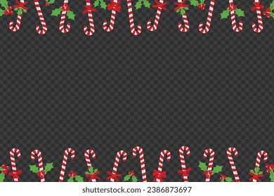 Vector 3D Realistic Red and Green Candy Canes Banner Isolated Candy Canes Christmas Frame Template for Card Postcard or Banner Designs Top View Lollipop realistic illustration Isolated on Transparent