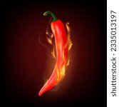 Vector 3d Realistic Red Hot Chili Pepper Closeup in a Burning Flame. Chili Pepper with Fire Flame Closeup on a Black Background. Spicy Chili Hot Pepper Design Template. Front View.