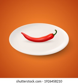 Vector 3d Realistic Red Hot and Spicy Chili Pepper and White Porcelain Ceramic Plate. Design Template, Mexican Food Concept. Front or Top View