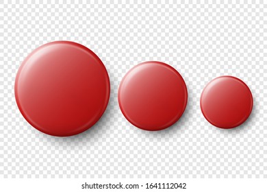Vector 3d Realistic Red Metal, Plastic Blank Button Badge Set Different Sizes Closeup Isolated on Transparent Background. Top View. Template for Branding Identity, Graphic Presentations. Mock-up