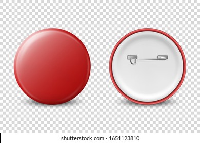 Vector 3d Realistic Red Metal, Plastic Blank Button Badge Icon Set Isolated on Transparent Background. Front and Back Side View. Template for Branding Identity, Logo, Presentations. Mock-up