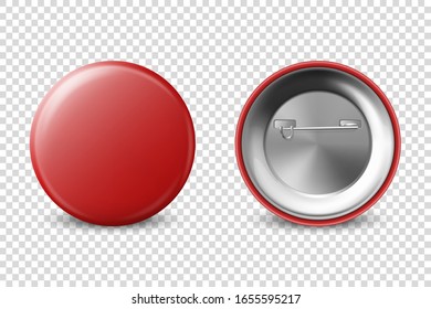 Vector 3d Realistic Red Metal, Plastic Blank Button Badge Set Isolated on Transparent Background. Front and Back Side View. Template for Branding Identity, Logo, Presentations. Mock-up