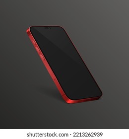 Vector 3d Realistic Red Modern Smartphone Design Template with Black Screen. Mobile Phone Isolated. Telephone Device UI UX, Phone in Half Turn View