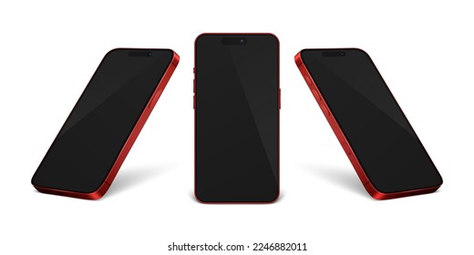 Vector 3d Realistic Red Modern Smartphone Design Template Set Closeup Isolated on White Background. Mobile Phone Mockup. Telephone Device UI UX, Phone in Front, Half Turn View