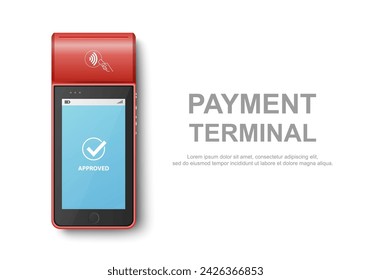 Vector 3d Realistic Red NFC Payment Machine with Approved Status. Design Template for Bank Payment Contactless Terminal. Mockup of a Payment POS Terminal. Top View