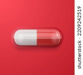 Vector 3d Realistic Red Pharmaceutical Medical Pill, Capsule, Tablet on Red Background. Top, Front View. Flat Lay. Copy Space. Medicine, Women