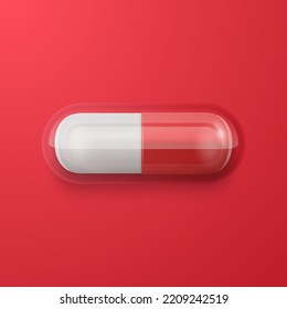 Vector 3d Realistic Red Pharmaceutical Medical Pill, Capsule, Tablet on Red Background. Top, Front View. Flat Lay. Copy Space. Medicine, Women's Health Concept