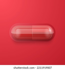 Vector 3d Realistic Red Pharmaceutical Medical Pill, Capsule, Tablet on Red Background. Top, Front View. Flat Lay. Copy Space. Medicine, Women s Health Concept