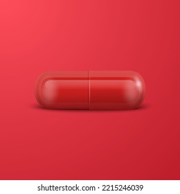 Vector 3d Realistic Red Pharmaceutical Medical Pill, Capsule, Tablet on Blue Background. Front View. Copy Space. Medicine, Male Health Concept