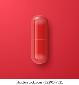 Vector 3d Realistic Red Pharmaceutical Medical Pill, Capsule, Tablet on Red Background. Front, Top View. Medicine, Health Concept