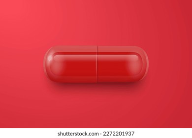 Vector 3d Realistic Red Pharmaceutical Medical Pill, Capsule, Tablet on Red Background. Front View. Copy Space. Medicine, Health Concept