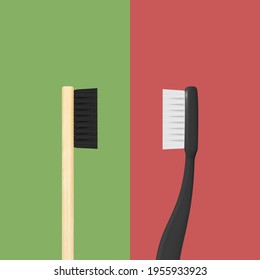 Vector 3d Realistic Red Plastic and Wooden Brown Bamboo Blank Toothbrush Se. Design Template, Mockup. Dentistry, Healthcare, Hygiene, Choice, Ecology Concept. Tooth Brush in Front, Top, Side View