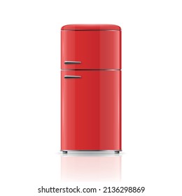 Vector 3d Realistisches Red Retro Vintage Fridge Symbol einzeln auf Weiß. Vertikaler Kühlschrank. Geschlossener Kühlschrank. Design Template, Mock up of Fridge. Vorderansicht