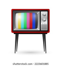 Vector 3d Realistic Red Retro Striped Screen TV Receiver Isolated on White Background. Home Interior Design Concept. Vintage TV Set, Television, Front View