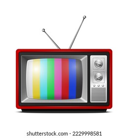 Vector 3d Realistic Red Retro Striped Screen TV Receiver Isolated on White Background. Home Interior Design Concept. Vintage TV Set, Television, Front View