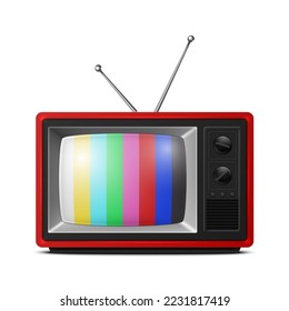 Vector 3d Realistic Red Retro Striped Screen TV Receiver Isolated on White Background. Home Interior Design Concept. Vintage TV Set, Television, Front View