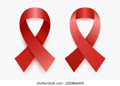 Vector 3d Realistic Red Ribbon Set. Leukemia Cancer Awareness Symbol Closeup. World Aids Day. Blood Cancer Ribbon Template. World Leukemia Cancer Day Concept