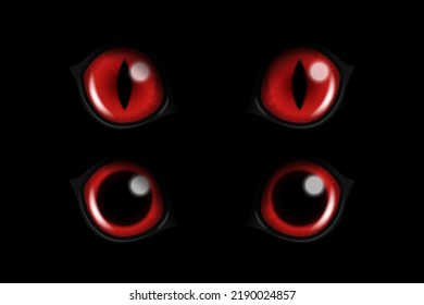 Vector 3d Realistic Red Round Glowing Cats Eyes of a Black Cat Set. Cat Look in the Dark Black Background Closeup. Glowing Cat or Panther Eyes