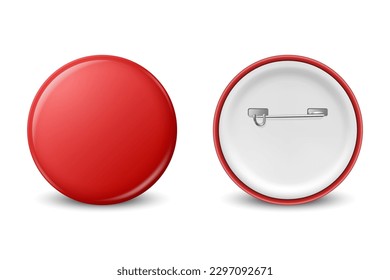 Vector 3d Realistic Red Round Metal, Plastic Blank Empty Button Badge Icon CLoseup Isolated, Front, Back Side View. Button Pin Badge. Glossy Brooch Pin. Front View. Template for Branding, Mock-up