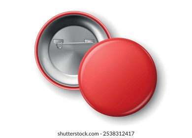 Vector 3D Realistic Red Round Pin Badge Mockup Closeup Isolated. Blank Button Badge Design Template for Events. ID Badge, Front, Back Side View. Pin Badge for Events and Branding