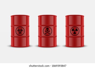 Vector 3d Realistic Red Simple Glossy Enamel Metal Oil, Fuel, Gasoline Barrels. Biohazard, Danger, Radiation Sign Isolated on White Background. Design Template of Packaging for Mockup. Front View