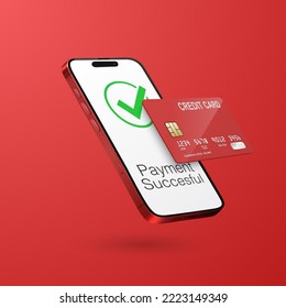 Vector 3d Realistic Red Smartphone, Credit Card, Wi-Fi Successful Payment. Concept of Payment for Purchases by Card, Online Shopping. Design Template, Bank POS Terminal, Mockup. Processing NFC Device