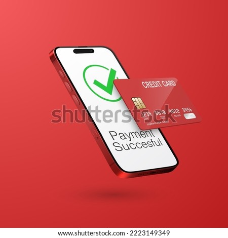 Vector 3d Realistic Red Smartphone, Credit Card, Wi-Fi Successful Payment. Concept of Payment for Purchases by Card, Online Shopping. Design Template, Bank POS Terminal, Mockup. Processing NFC Device