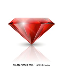 Vektor 3d realistisch roter, transparenter Dreiecksgrundel, Diamant, Kristall, Rhinestone Nahaufnahme auf weißem Hintergrund mit Reflektion. Jewerly Concept. Vorlage entwerfen, Banner