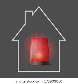 Vector 3d realistic red turn on policeman flasher. Siren close up. Home guard icon. Foreground