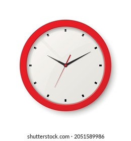 Vector 3d Realistic Red Wall Office Clock Isolated on White. White Dial. Design Template of Wall Clock Closeup. Mock-up for Branding, Advertise. Top, Front View