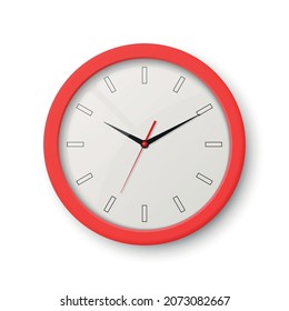 Vector 3d Realistic Red Wall Office Clock Isolated on White. White Dial. Design Template of Wall Clock Closeup. Mock-up for Branding, Advertise. Top, Front View