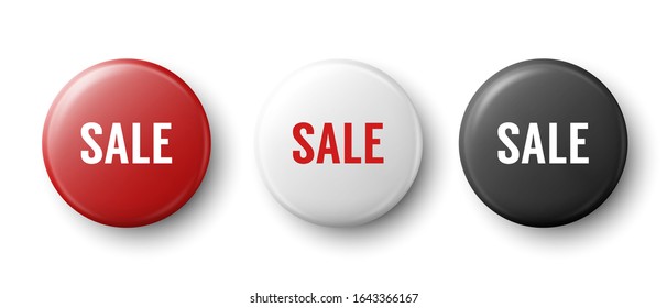 Vector 3d Realistic Red, White, Black Metal, Plastic Button Badge Set Isolated on White Background. Top View. Front and Back Side. Sale Template for Branding Identity, Logo, Presentations. Mock-up